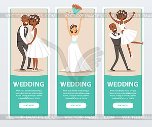 Happy just married couples, wedding banners set fla - vector clipart