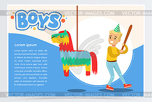 Счастливый мальчик, разбивающий Пинату с бейсбольной битой, милый - векторный клипарт / векторное изображение