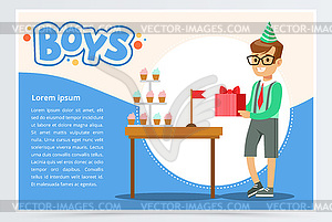 Happy boy holding gift box, cute kid celebrating hi - vector image