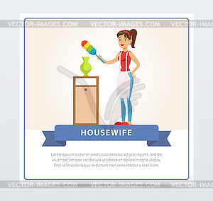 Young beautiful woman wiping dust at home, housewif - vector clip art