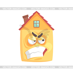 Cute angry house cartoon character, funny facial - vector clipart