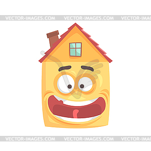 Cute smiling house cartoon character, funny facial - vector clipart