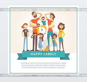 Parents with many children, happy family banner fla - vector clip art