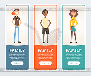 Family banners set, happy children teens flat - royalty-free vector clipart