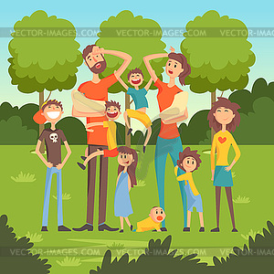 Happy tired parents with many children in park flat - vector clip art