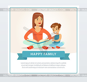 Mother reading book to her smiling son, happy famil - vector clip art