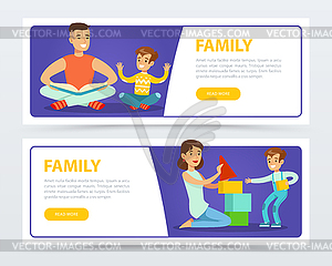 Family banners set, happy parents playing and - color vector clipart