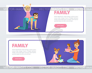 Family banners set, happy parents playing and havin - vector image