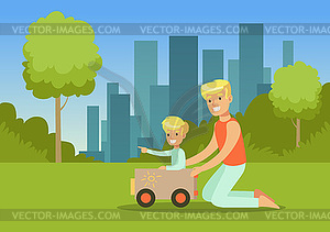 Father and his son playing with toy car in city par - vector image