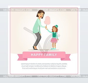 Mom giving cotton candy to her daughter, happy - vector image