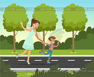 Smiling mother with her son roller skating in summe - vector clip art