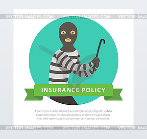 Robber in mask with crowbar, property protection - vector image