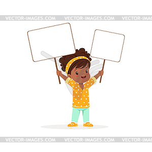 Lovely african girl carrying two blank signboards, - vector clipart