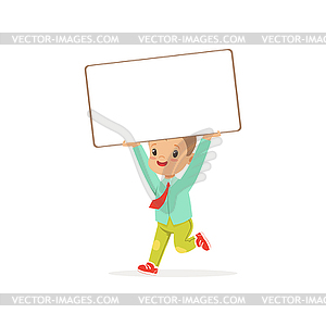 Cute boy character holding white empty message boar - vector clip art