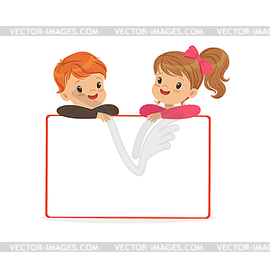 Cute boy and girl characters with white empty - vector image