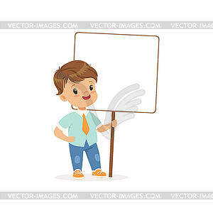 Cute boy standing with blank signboard, kid - royalty-free vector image