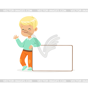 Sweet boy character standing with white empty - vector clipart