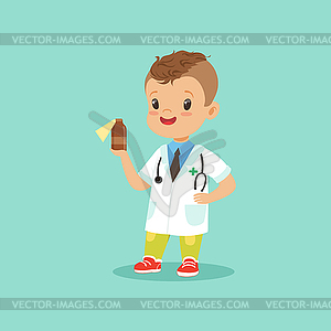 Smiling little kid in doctor s uniform and - vector clip art