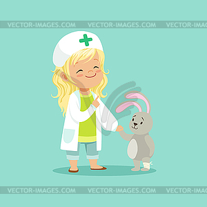 Adorable baby girl doctor holding by hand her - vector image