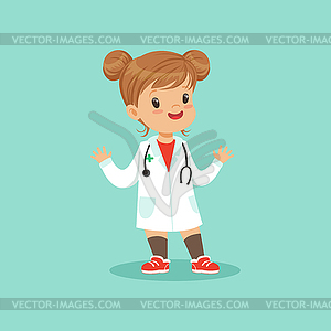 Cheerful baby girl in white medical coat and - vector EPS clipart