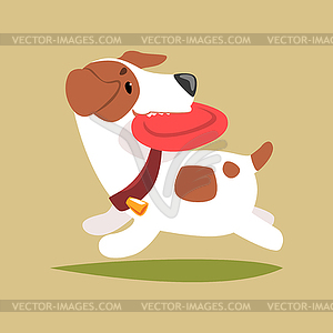 Jack russell puppy character playing with disk, cut - royalty-free vector clipart