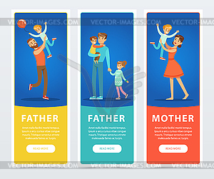 Father banners set, happy parents with their - vector clip art