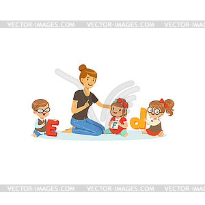 Group of preschool kids and teacher sit on carpet - vector image