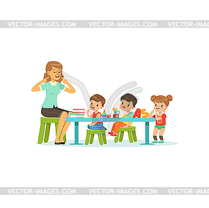 Kindergarten group of little kids, boys and girl - vector image
