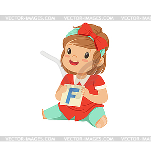 Baby girl playing learning game with letter F - vector clip art