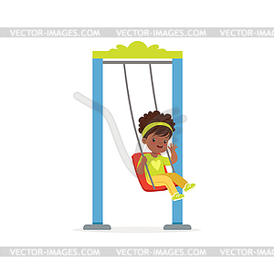 Cartoon little black girl riding on swing and wavin - vector image