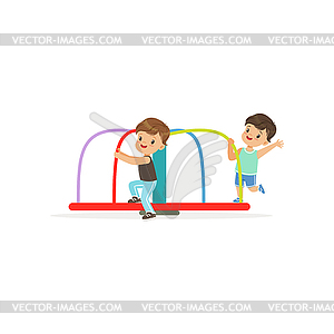 Two preschool boys playing on rotating roundabout - vector image
