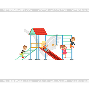 Group of preschool kids, boys and girl playing at - vector EPS clipart