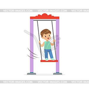 Cartoon little boy standing on swing. Kid playing i - vector image