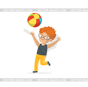 Red-haired little kid playing with colorful rubber - vector image