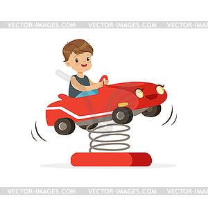 Cute little boy having fun on red plastic rocking - vector clipart