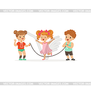 Flat little boy and two girls playing with - vector image