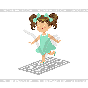 Preschool Girl Playing In Jumping Hopscotch Game Vector Clipart