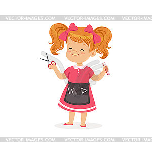 Cartoon preschool girl with apron and barber tools - stock vector clipart