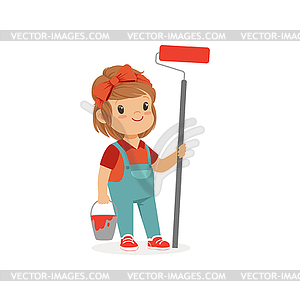 Flat cute little girl standing with bucket and pain - royalty-free vector image