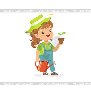 Smiling little girl standing with plant and waterin - vector image