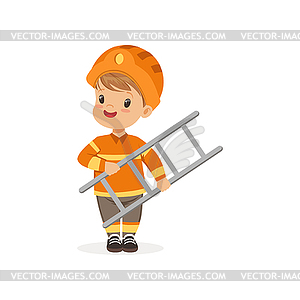 Cartoon preschool boy standing and holding ladder i - vector clipart