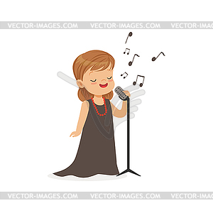 Flat singing little girl with retro microphone . Ki - vector image