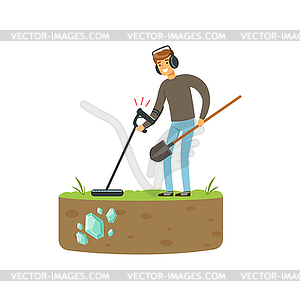Treasure seeker with metal detector and shovel - vector clipart
