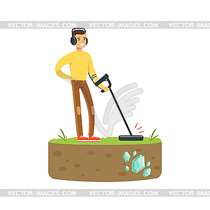 Treasure seeker with metal detector looking for - vector EPS clipart