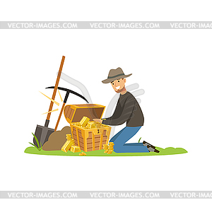 Treasure seeker found old treasure chest with gold - vector clipart