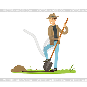 Treasure seeker with shovel in search for buried - stock vector clipart