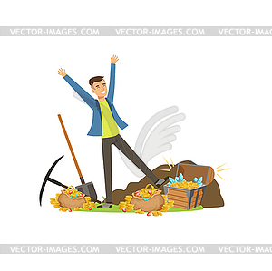 Happy man near pile of treasures - vector clip art