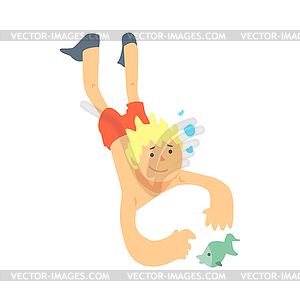 Cute blond boy swimming underwater with shallow fish - vector clip art