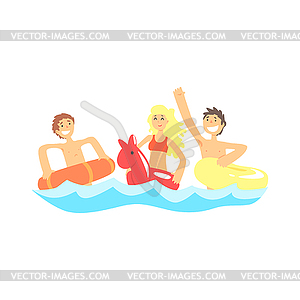 Happy three friends have fun with swim rubber - vector image