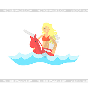 Happy blond girl in red swimsuit having fun with re - vector clipart